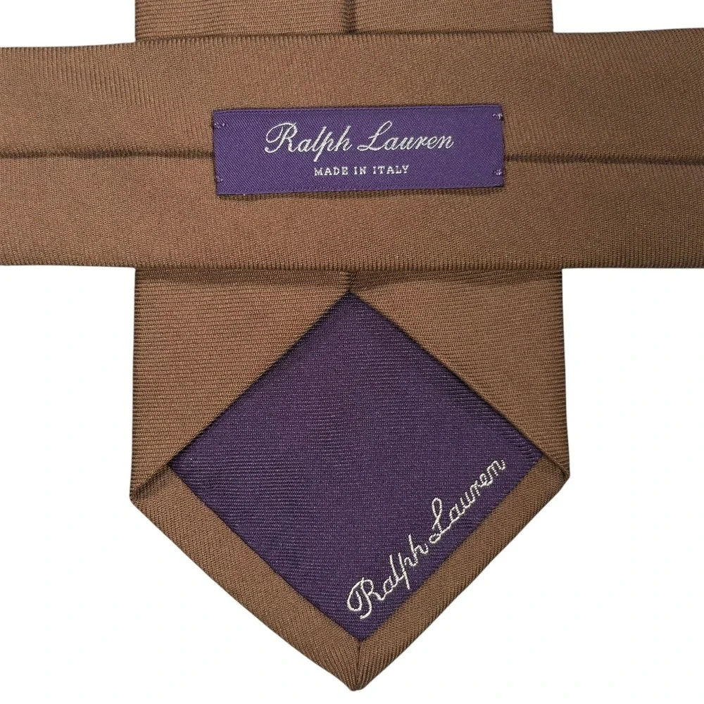 Ralph Lauren Purple Label 100% Silk Tie Solid Brown Satin Necktie Italy